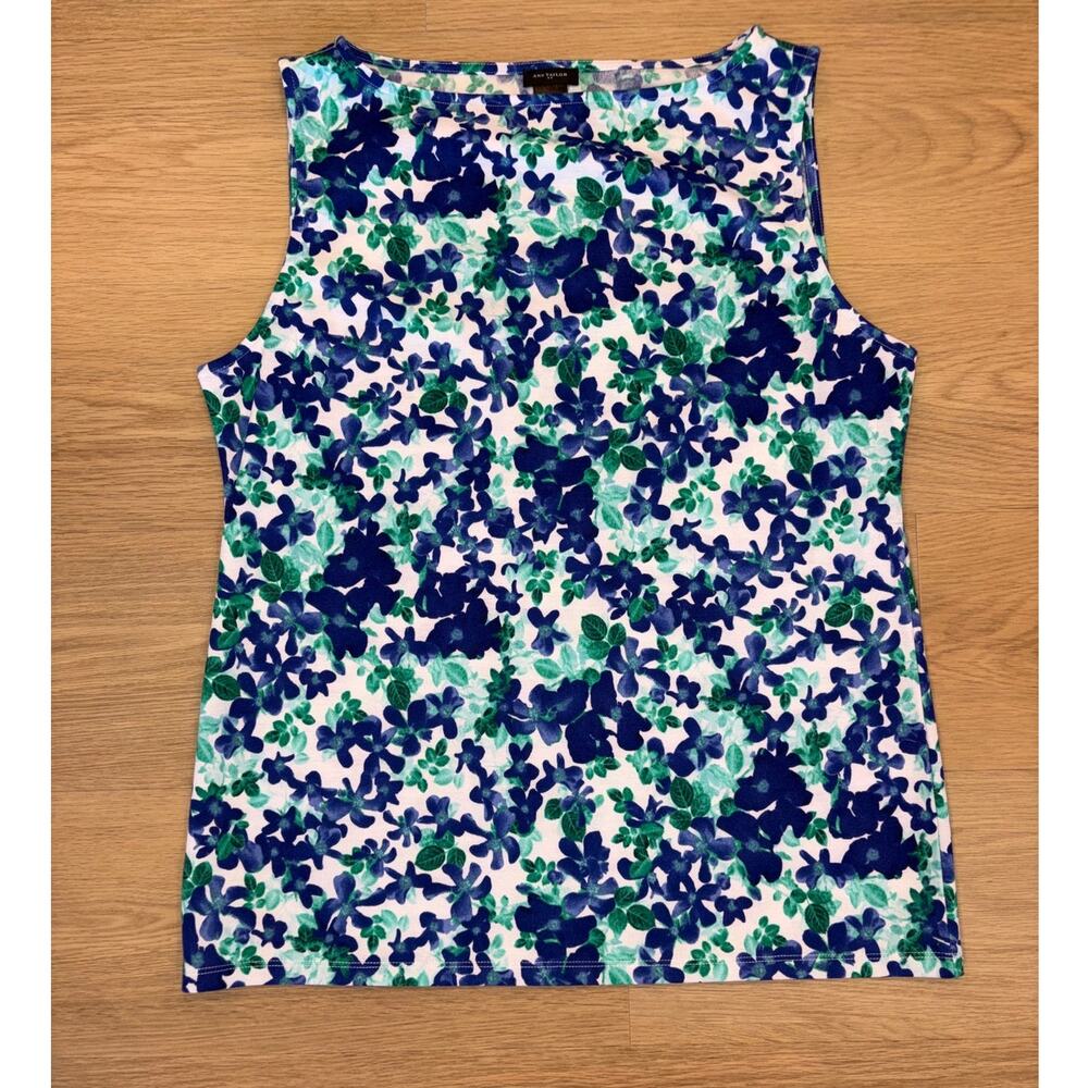 Ann Taylor blue & green floral boat neck tank womens size Large
